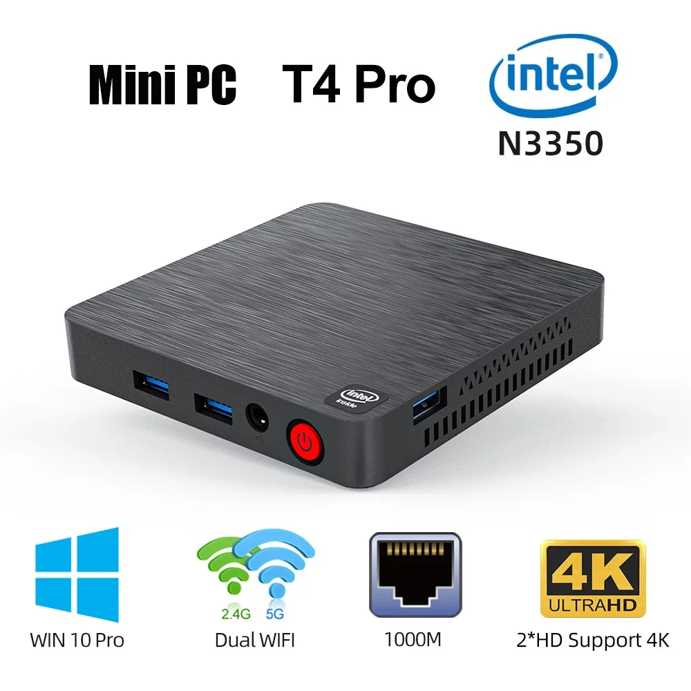 New T4 Pro Mini PC Intel Celeron N3350 1.1GHz Up to 2.4GH 4GB/64GB Windows 10 HTPC 2.4G/5G Dual WIFI BT4.0 Support 4K HDMI