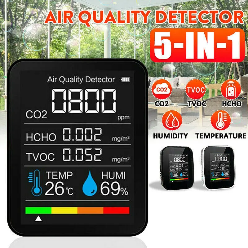 

5IN1 Digital CO2 Meter Air Quality Monitor Detector Tester Carbon Dioxide TVOC Sensor Gas Analyzer Temperature Humidity Meter