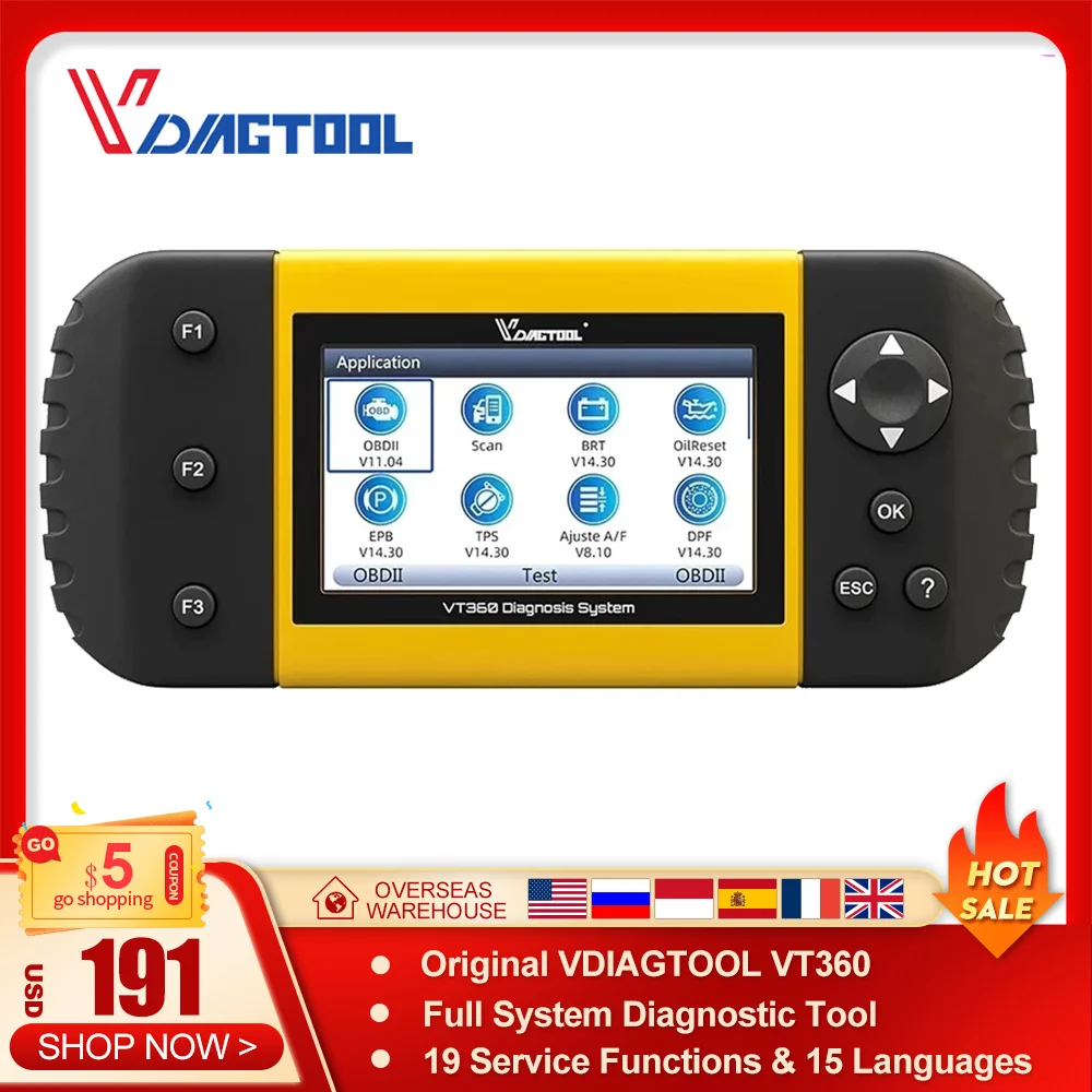 

VDIAGTOOL VT360 Car Diagnostic Tool Full System IMMO/TPMS OBD2 Diagnostic Tool Multi-languages Free Update Action Test