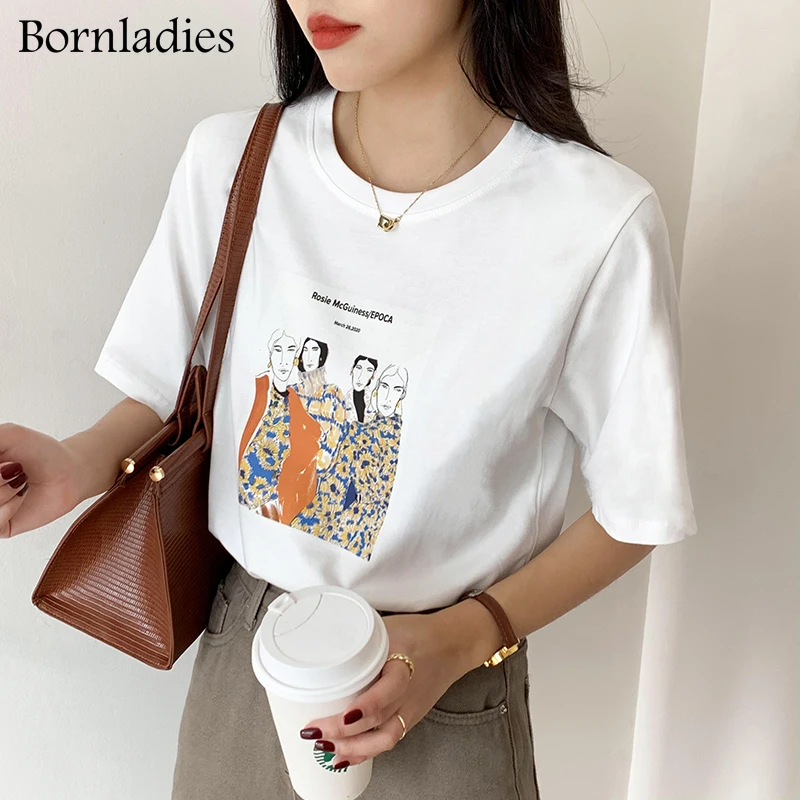 

Bornladies New 2022 Women's Spring Summer T-shirt Bottoming Basic Korean Style Fashionable Cartoon Wild Lady Short Sleeve Tops