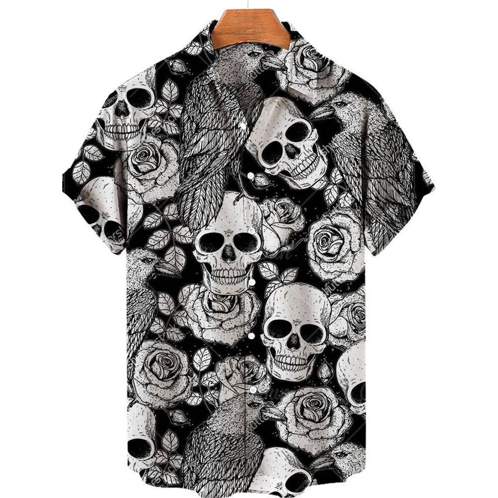 

Мужская свободная винтажная рубашка в стиле панк с цифровым 3D-принтом, с коротким рукавом, с черепом, на Хэллоуин, одежда для косплея, мужские топы, Повседневная рубашка на пуговицах