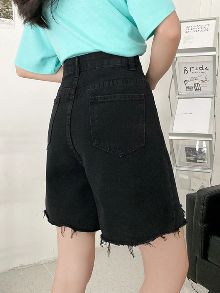 New Spring Summer Women Hole Raw Hem Black Denim Shorts Streetwear Female High Waist Frayed Jeans Shorts Bottoms