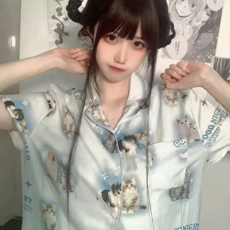 Пижамный комплект Женский Летний из 2 предметов Мягкая атласная пижама с принтом