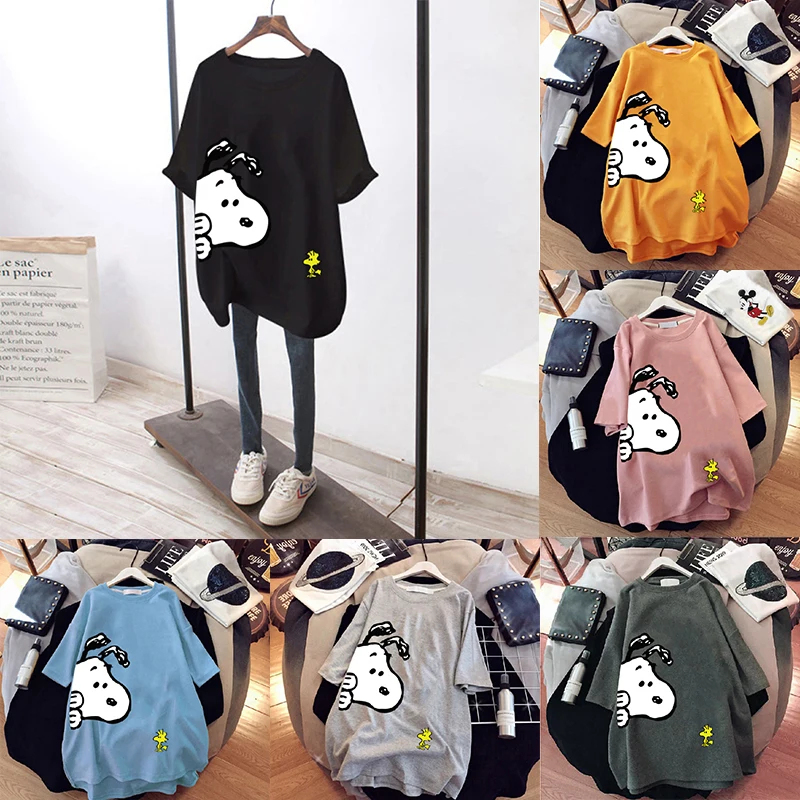 

Snoopys Kawaii Anime Short Sleeve T-Shirt Summer Fashion Women Mid-Length Clothes Loose Soft Comfortable Crew Neck Tops