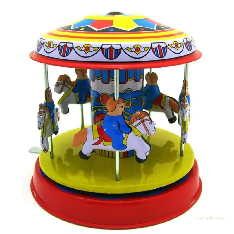 

Y4UD Vintage Tinplate Carousel Toy Collectiable Ornament Clockwork Wind up Metal Tin Toy Collection Home Decorations