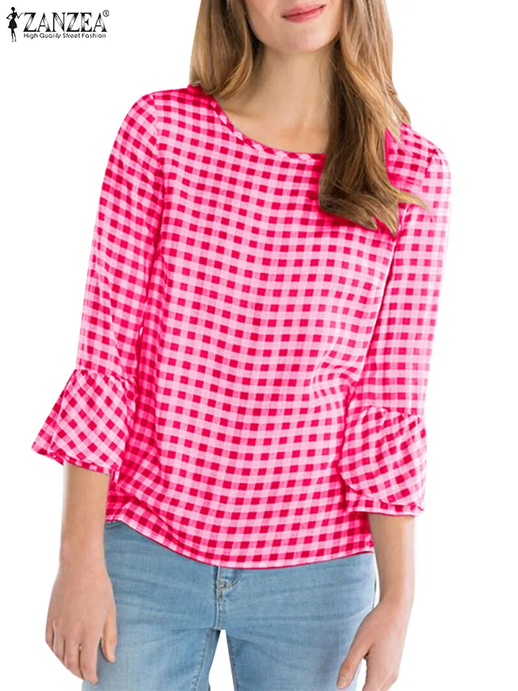 

Стильная летняя блузка ZANZEA, Женская винтажная клетчатая рубашка в клетку, повседневные свободные праздничные топы, женские блузки с оборка...