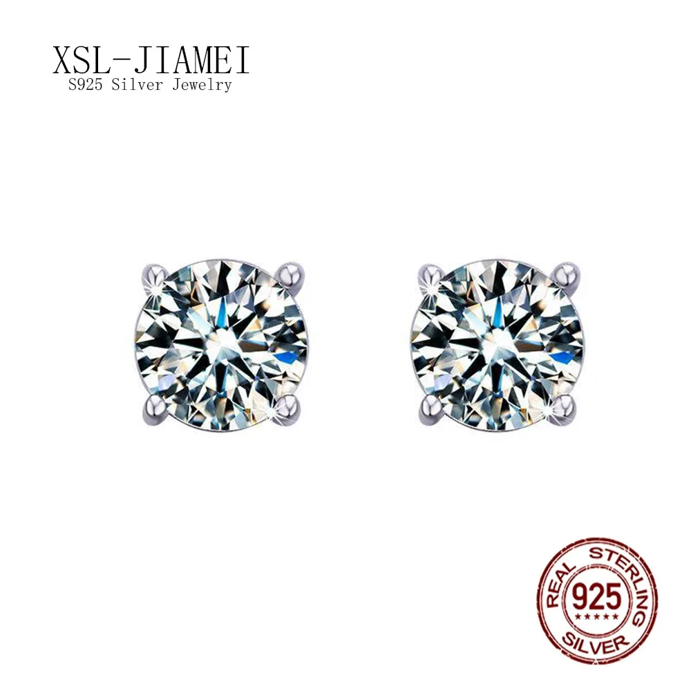 

XSLJIAMEI 0.5ct 1.0ct 2.0ct D Color S925 Silver Ear Ring Four Claws Simple Mossan Stone Ear Wedding Fine Jewelry Gift