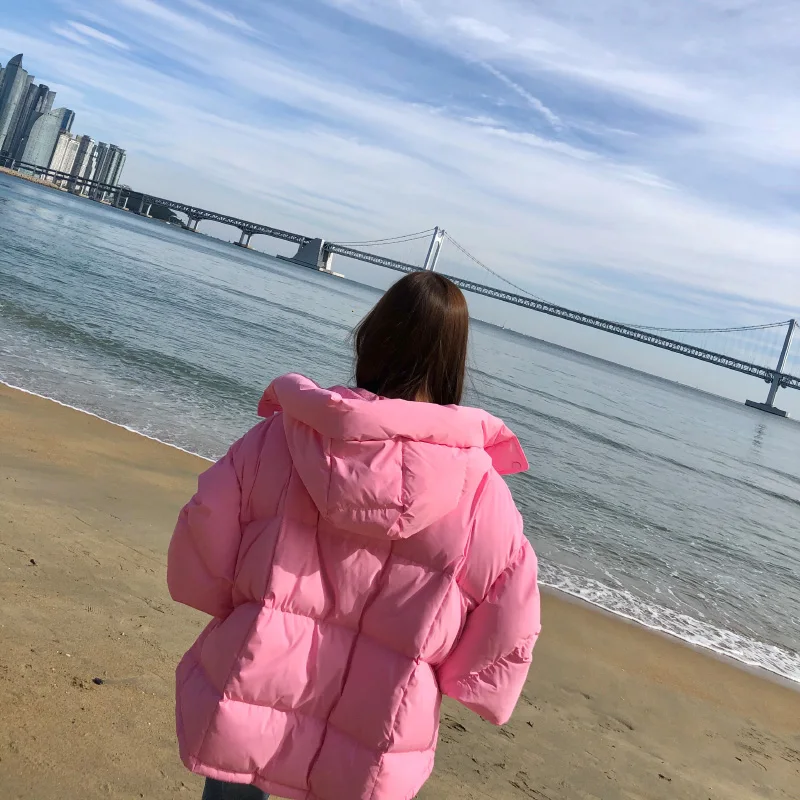 2021 Winter New Women Cotton Coat Loose Solid Sweet Female Office Lady Outwear Bubble Coat Hooded Warm Pocket Elegant Ins Jacket