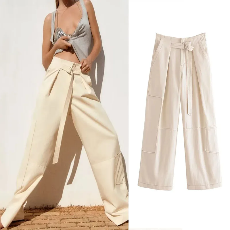 

TRAF 2023 Beige Women'S Pant Summer High Waisted Trousers Fashion Side Pockets And Belt Baggy Pants Casual Wide Lege Cargo Pants