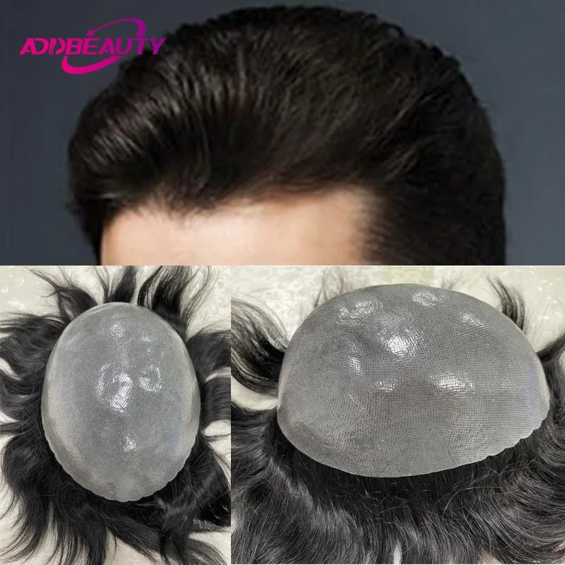 Кожаный парик с узлами Тонкая кожа Мужской протез волос Полный ПУ 0 1 см Индийские