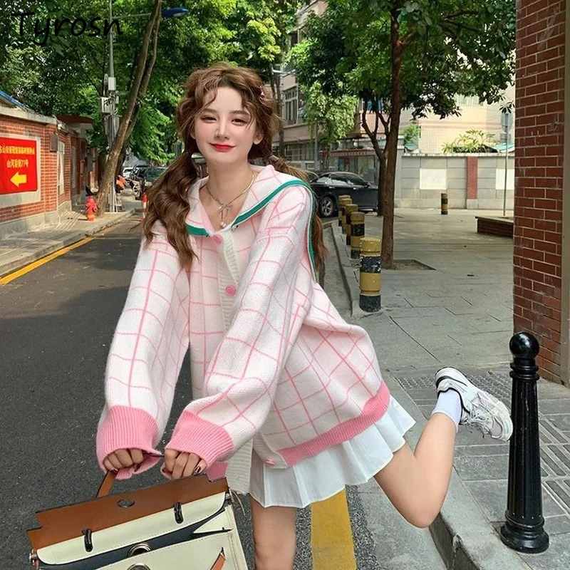 

Женский милый кардиган в стиле преппи в клетку с матросским воротником в Корейском стиле Молодежная Милая свободная однобортная трикотажная одежда со вставками универсальная шикарная одежда