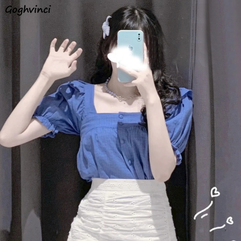 

Plaid Blouses Women Sweet Korean Style Square Collar Puff Sleeve Backless Fashion Tender Summer Crop Tops Casual Girlish Simple