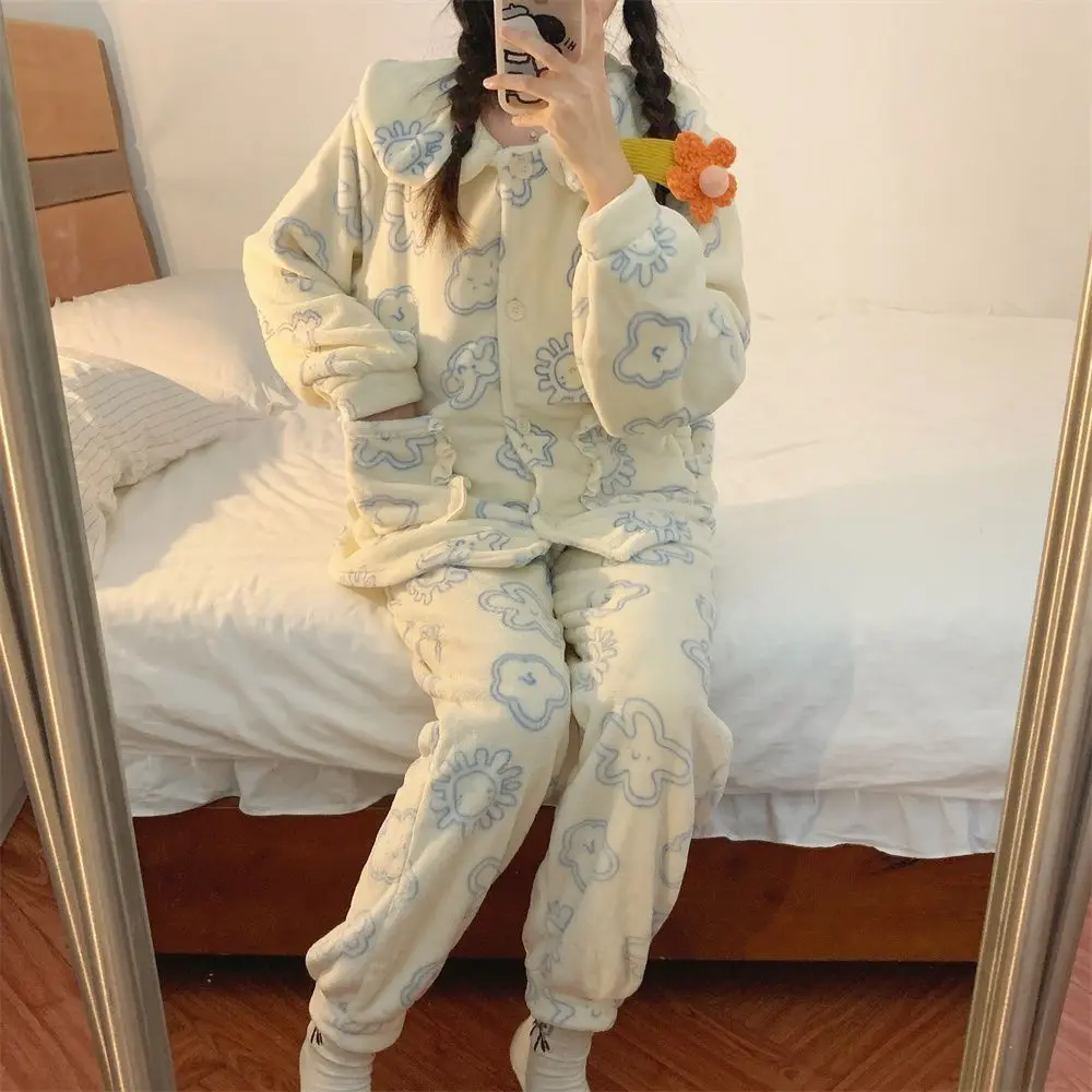 Yasuk Autumn Winter Cute Women's Casual Lovely Sweet Girl Warm Soft Sleepwear Loose Pajamas With Pants Cloud Velvet Simple