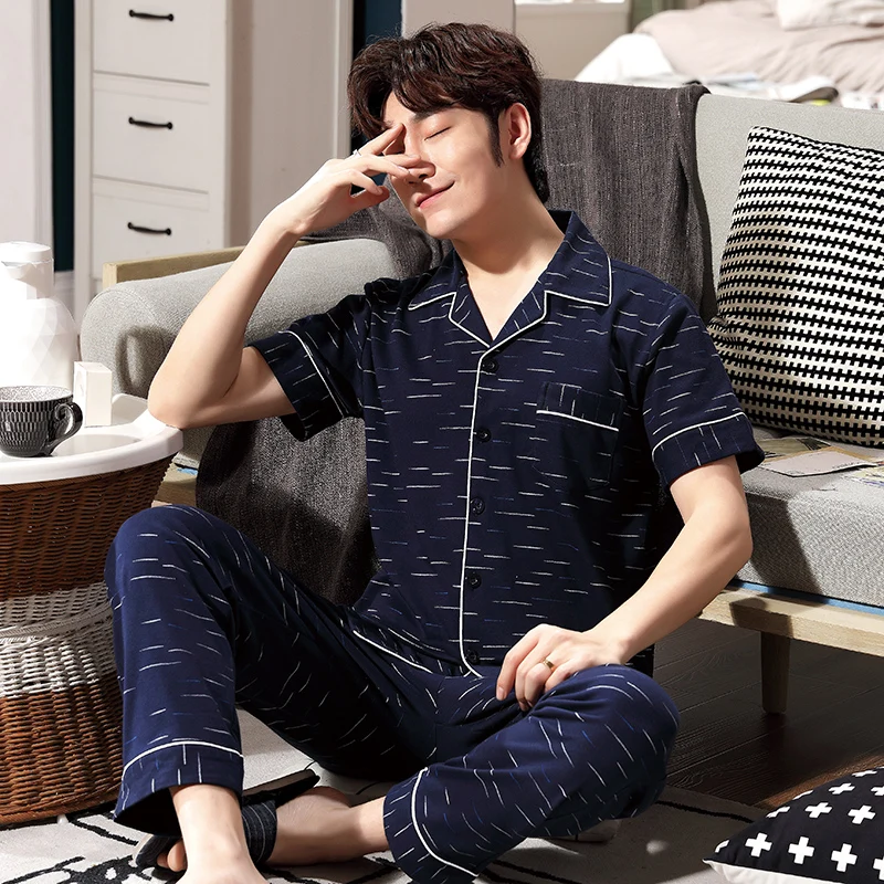 

Летняя Хлопковая мужская одежда для сна с коротким рукавом, костюм с отложным воротником, длинные брюки, кардиган, Пижама для мужчин, мягкая ...