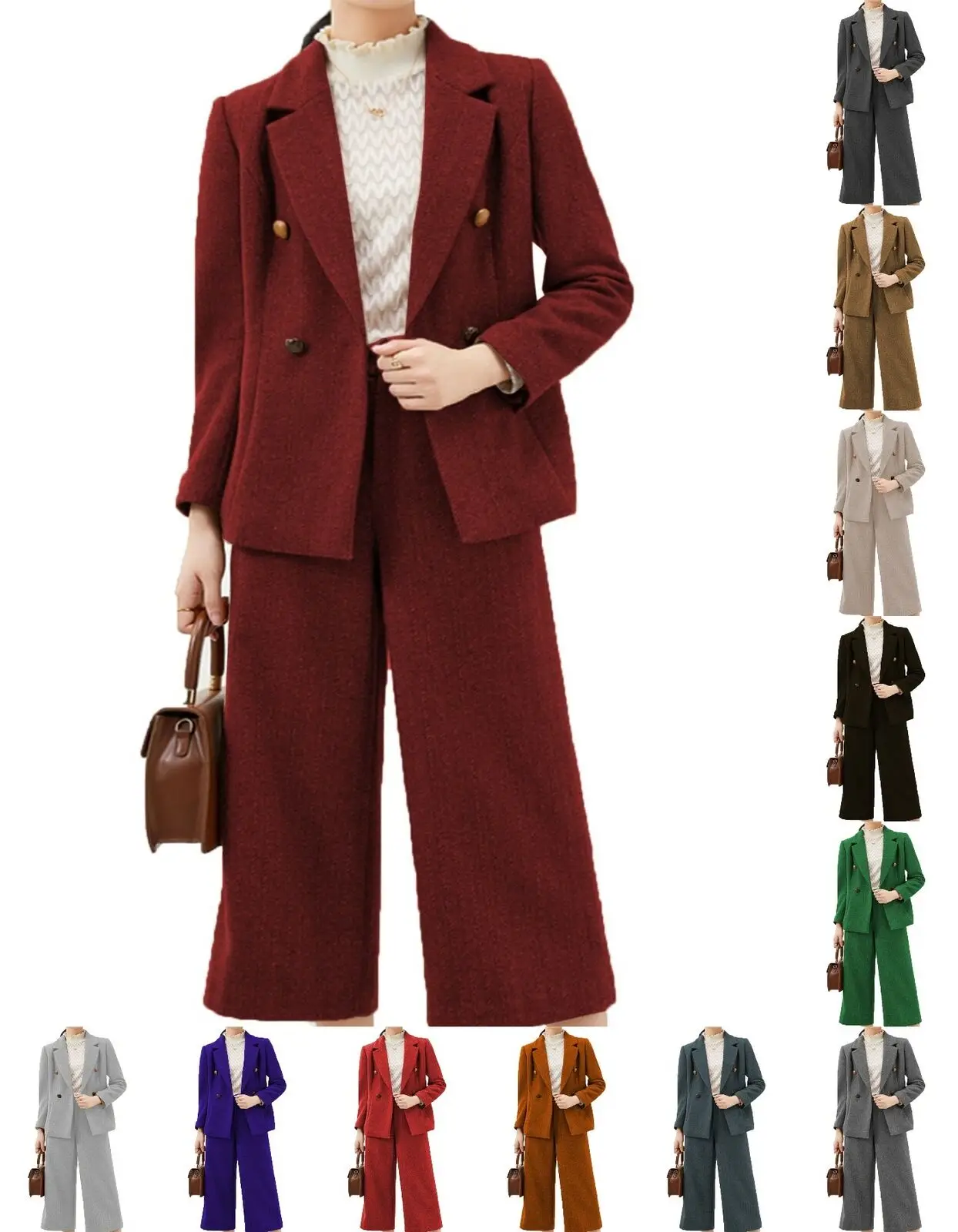 Women's Suit Lapel Slim Fit Custom 2 Piece Set of Wool Herringbone Tweed Casual Business