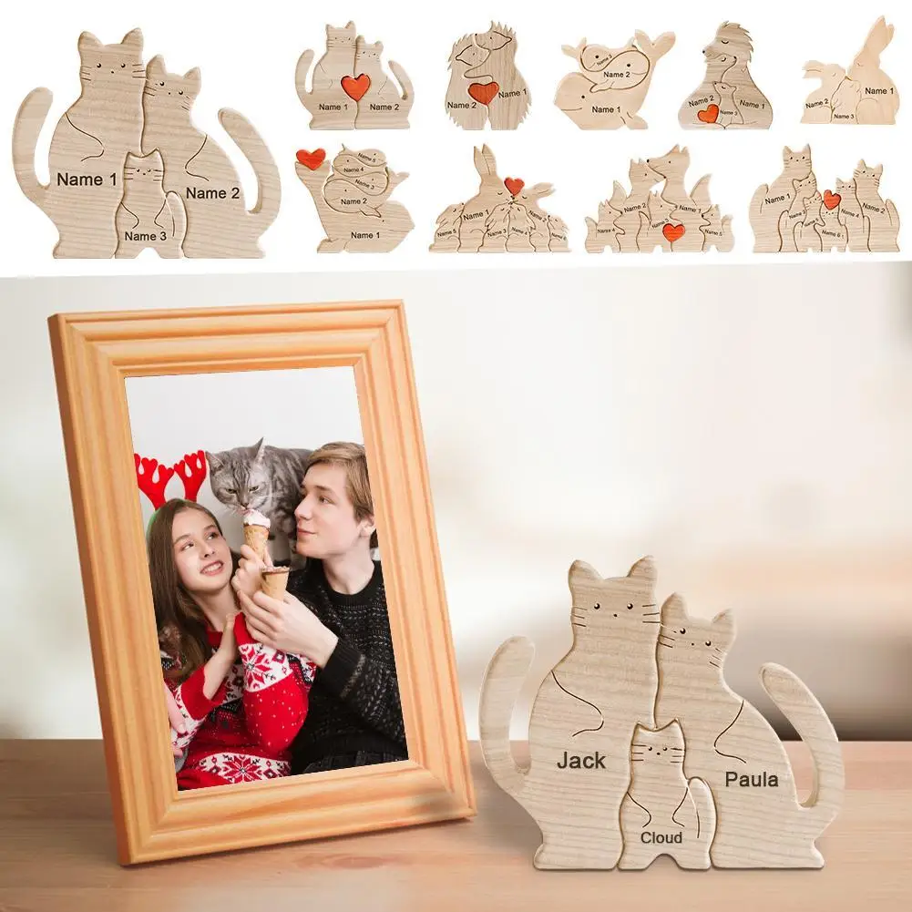 

Персонализированный Деревянный пазл с изображением члена семьи, кролик, кошка, собака, своими руками, пазл с именем семьи, настольное украшение, украшение для домашнего стола