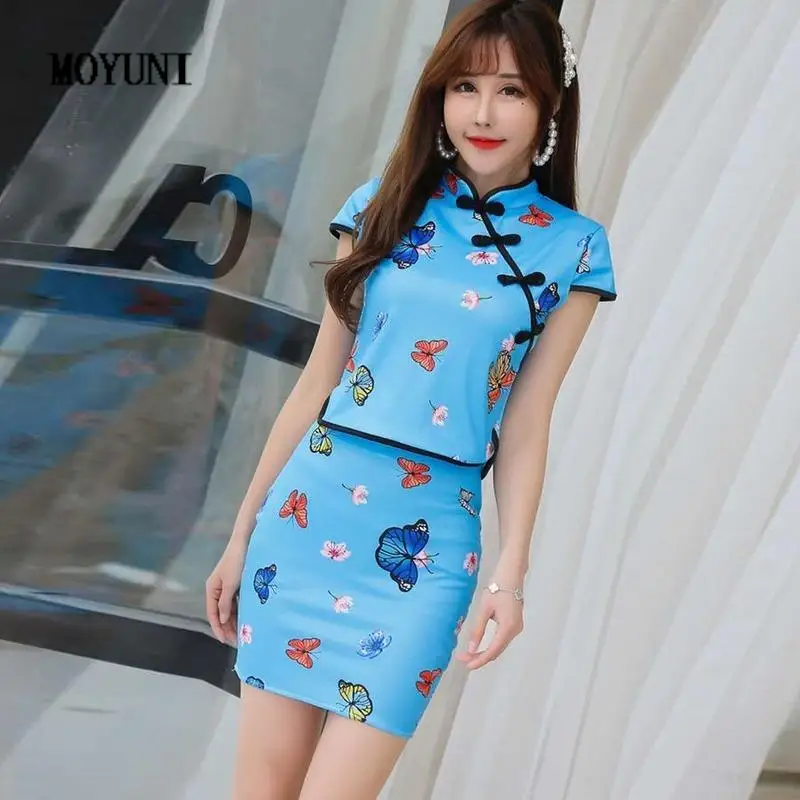

Retro Butterfly Cheongsam Crop Tops Short Sleeve Shirts Women Slim Sexy Hip Mini Floral Print Skirts Fashion Summer Beach Party