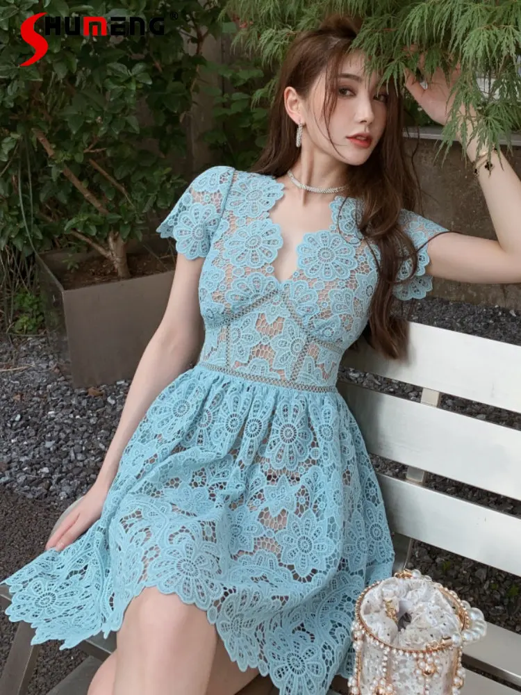 Woman's Sexy V-neck Hollow Lace Cinched Slimming Mini Dress 2023 Summer New Court Style Vintage Lady Short Sleeves Short Dresses