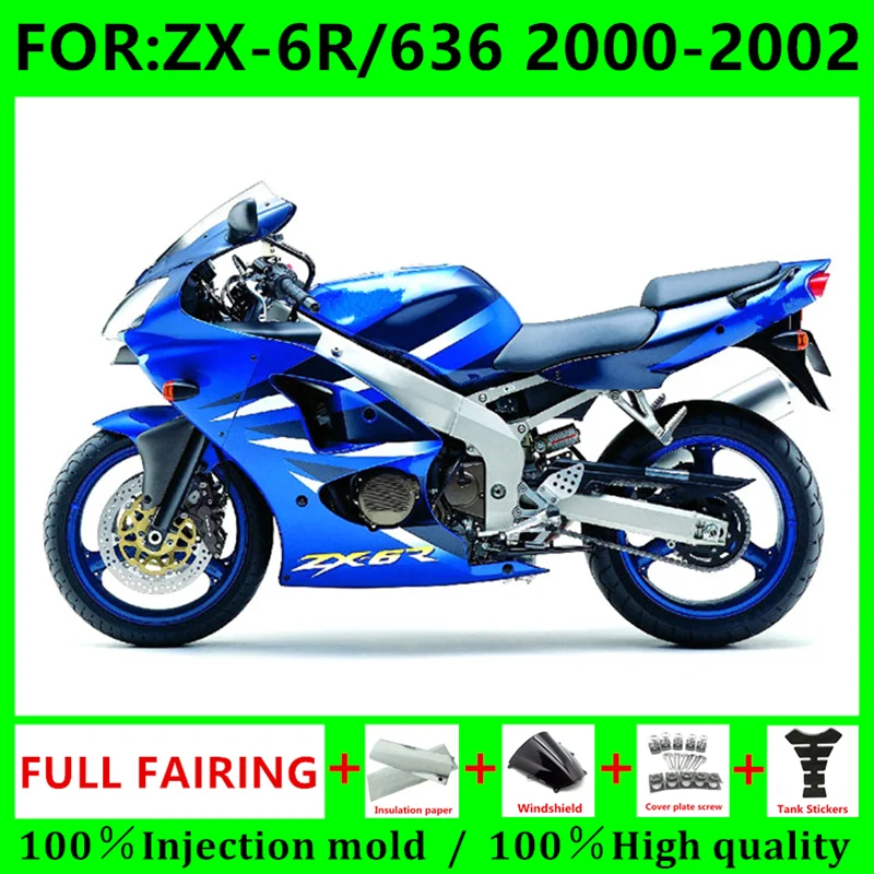 

Комплект обтекателей для мотоцикла, подходит для Ninja ZX-6R ZX6R zx 6r 636 2000 2001 2002, полный комплект обтекателей для кузова, синий, черный