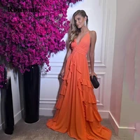 romantic a line long evening dress orange chiffon v neck sexy backless spaghetti strap prom gowns floor length robes de soir%c3%a9e