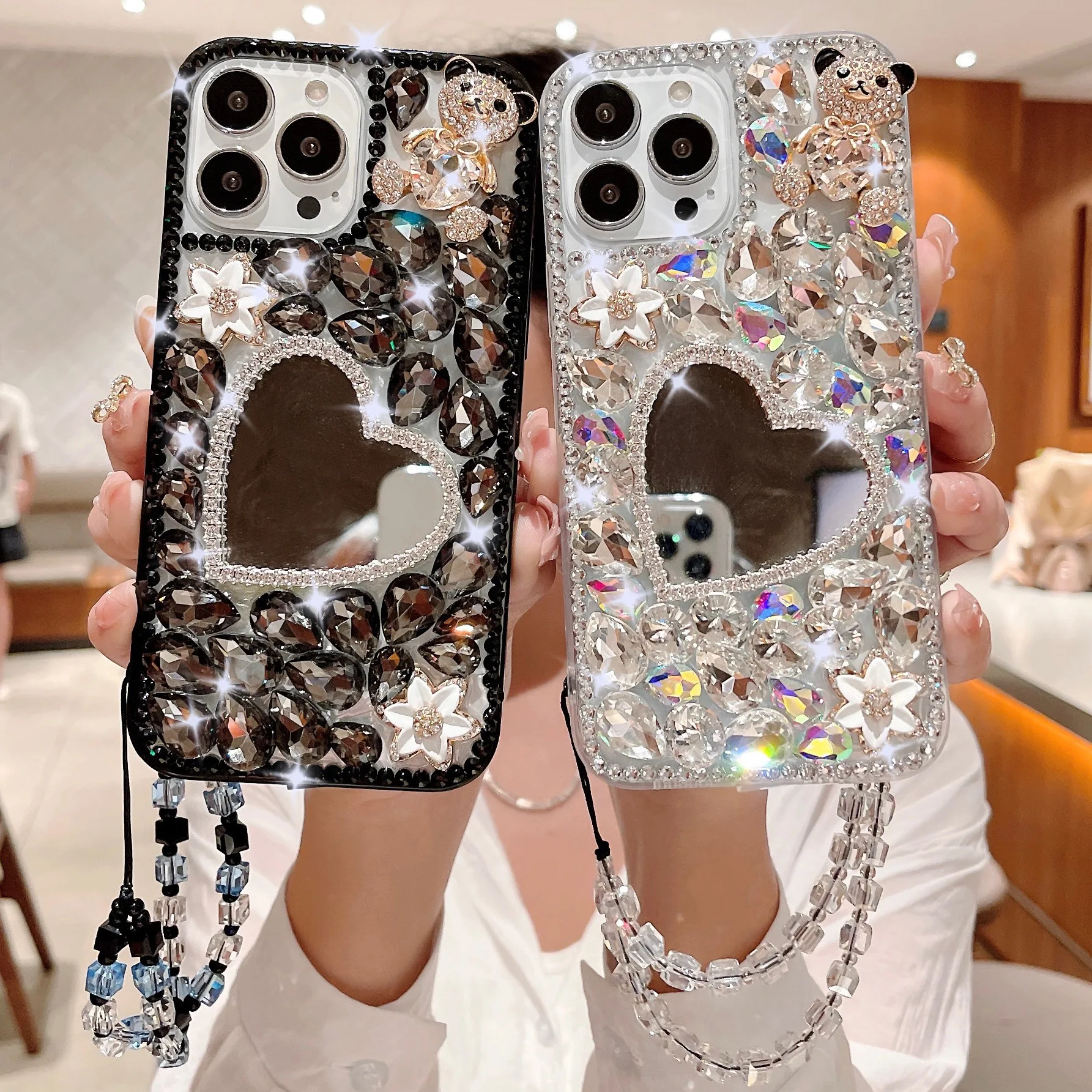 

Cute Rhinestone Heart Mirror Cover For Samsung S23 S22 S21 S20 Ultra Note 20 A14 A42 A72 A73 A52 A82 Crystal Bear Flowers Case