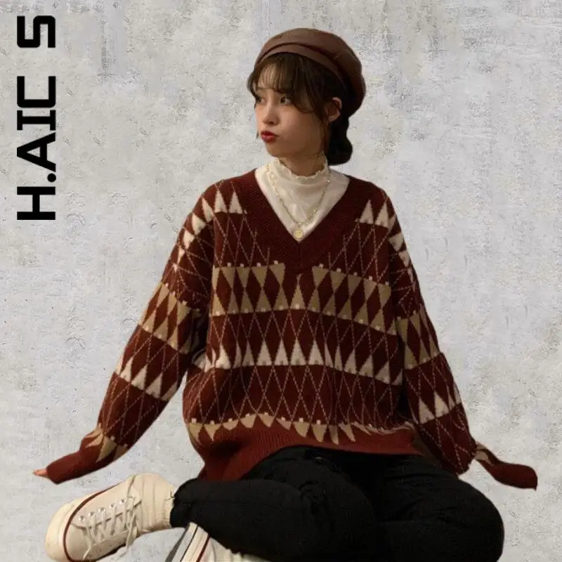 

H.Aic S Fashion Women Sweater Knitted Korean Pullovers Sweet Women Sweaters Vintage Casual Sweaters Women Jumper Simple Female