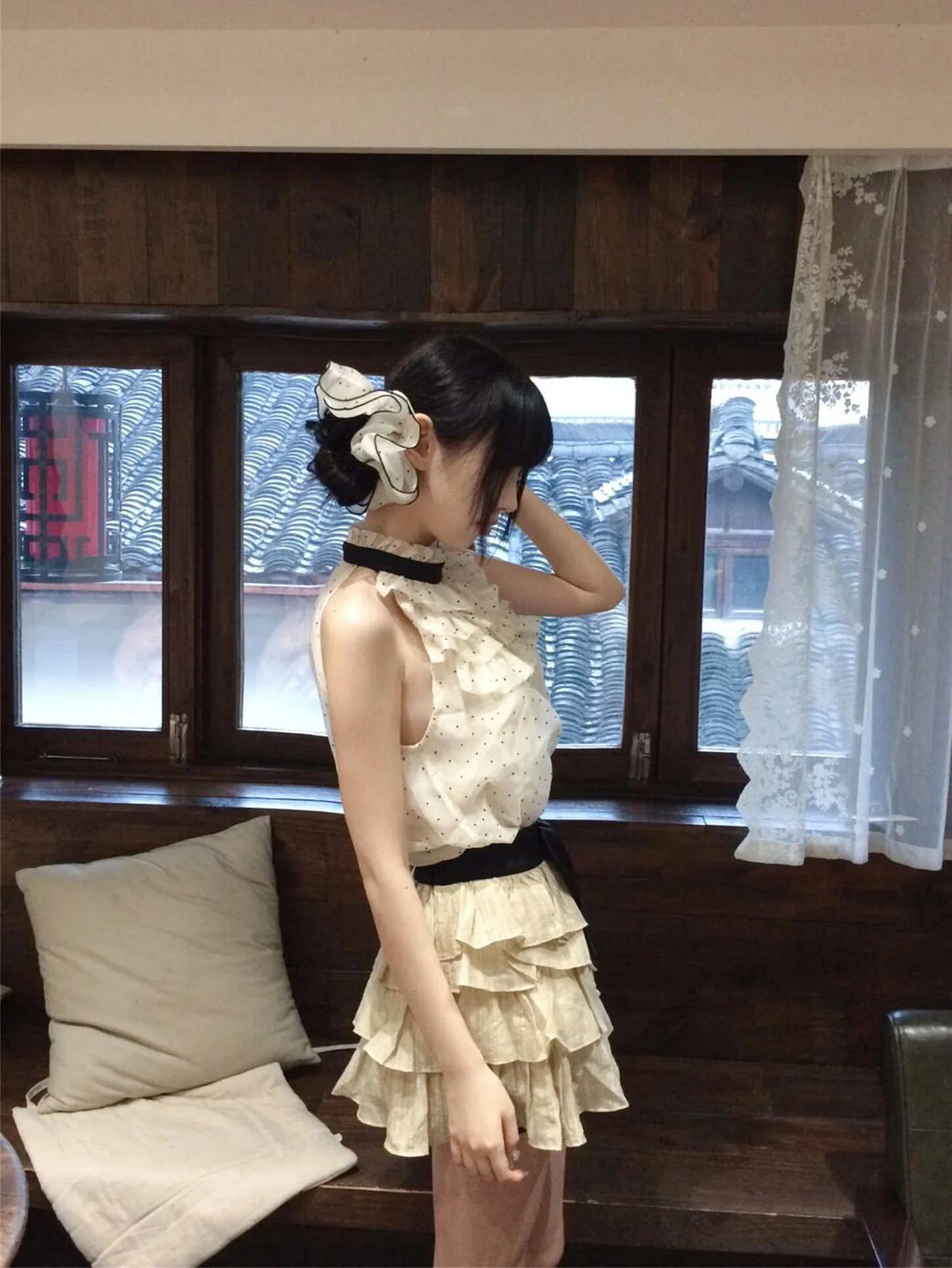 Uu Studio ванильный многослойный милый шифоновый топ в горошек без рукавов Женская