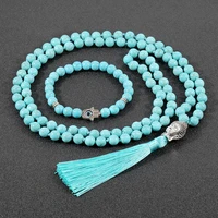 oaiite 8mm turquoises stone mala necklace tibetan 108 beads long necklace big buddha head pendant meditation prayer jewelry set