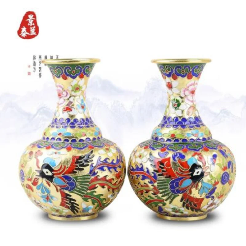 

22cm Noble Decorative Copper Cloisonne Enamel Vase a Pair of Dragon and Phoenix Vase