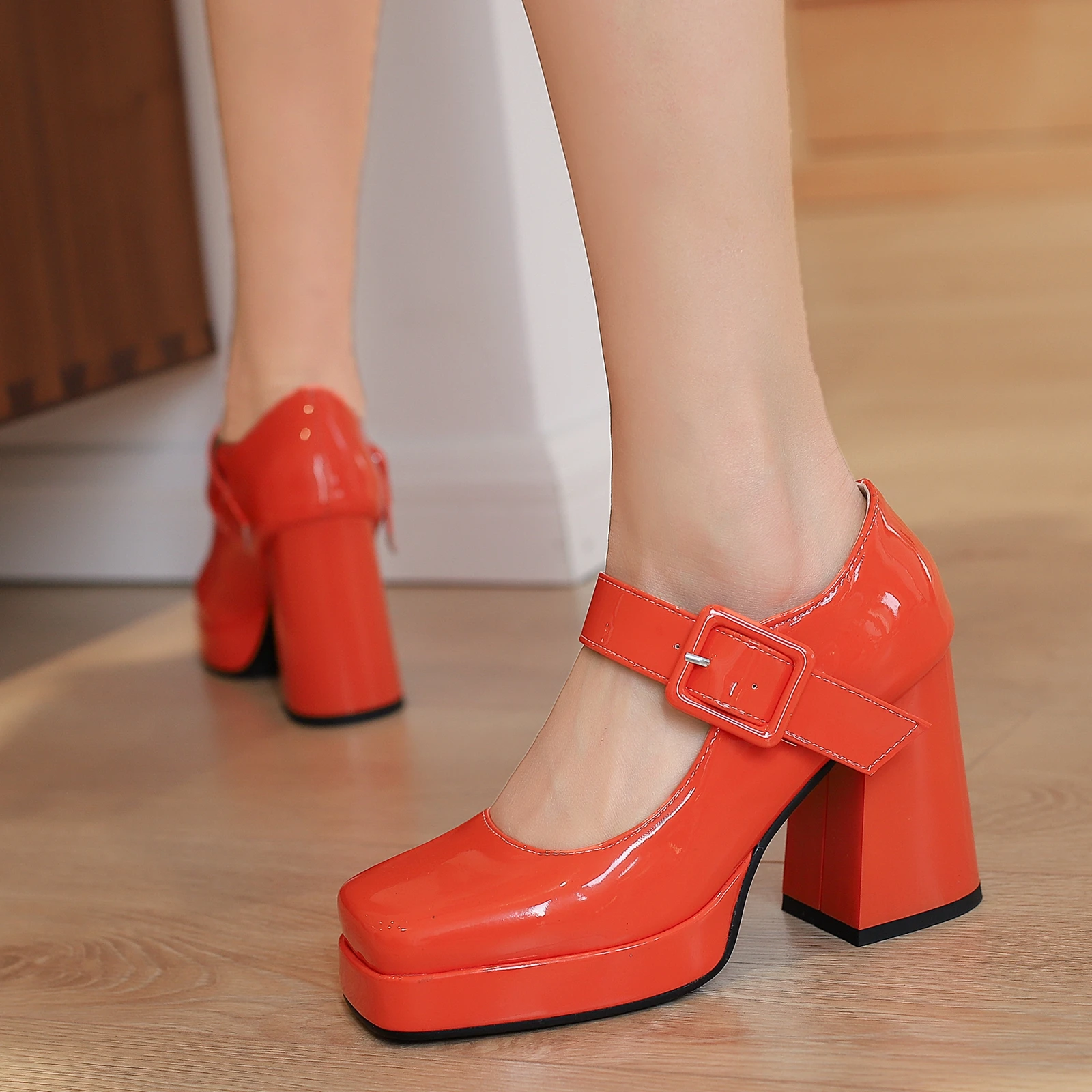 Eokkar Patent Leather Square Toe Mary Janes 2023 Platform Chunky High Heel Pumps Buckle Retro Shoes Women Plus Size 44 45 46