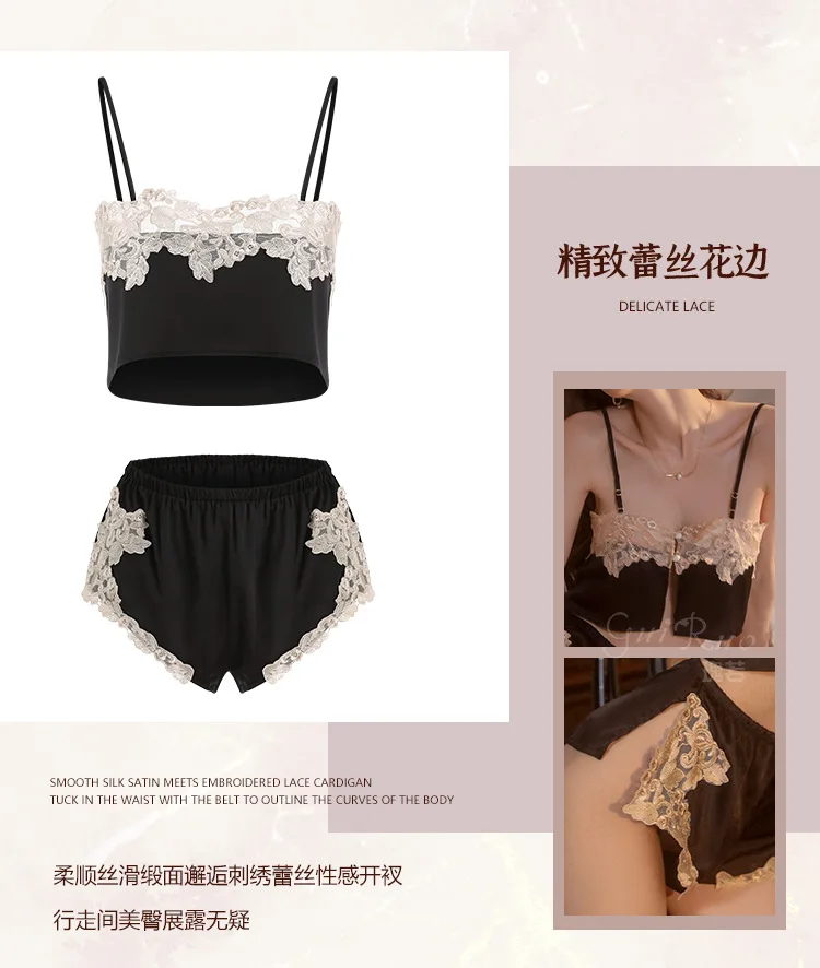 Women Sexy Pijamas Set Satin Lace Embroidered Halter Nightgown Top Shorts Robe Ladies' Sleepwear Femme Loungewear