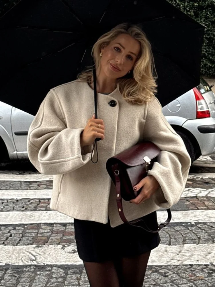 Женская однотонная шерстяная куртка с круглым вырезом и длинными рукавами