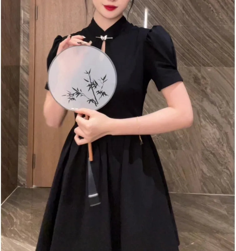 

Новинка 2023, Чонсам в китайском ретро-стиле, улучшенное черное платье в национальном стиле, женское летнее темпераментное длинное платье с разрезом, 087
