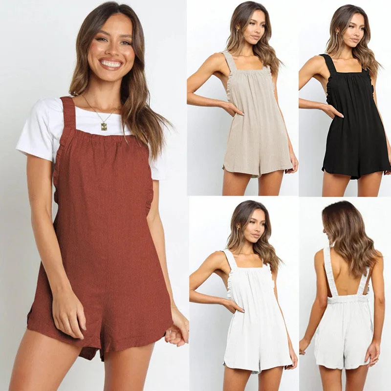 

Женский однотонный повседневный комбинезон без рукавов, модный Свободный комбинезон на бретельках с оборками и эластичным поясом, летние ц...