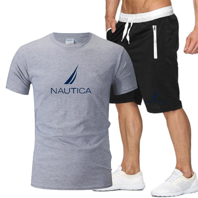 Brand NAUTICA  Men's Two-Piece Sportswear Short-Sleeved Casual T-Shirt And Brawstring Shorts Summer Quick-Drying And Breathable