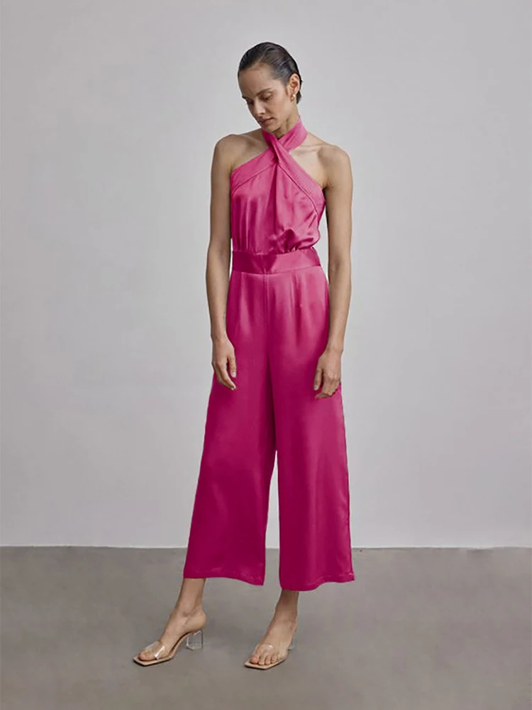 

KBAT 2022 Elegant Summer Rompers Womens Satin Cross Halter Neck Wide Leg Pants Jumpsuit High Street Ladies Backless Playsuits