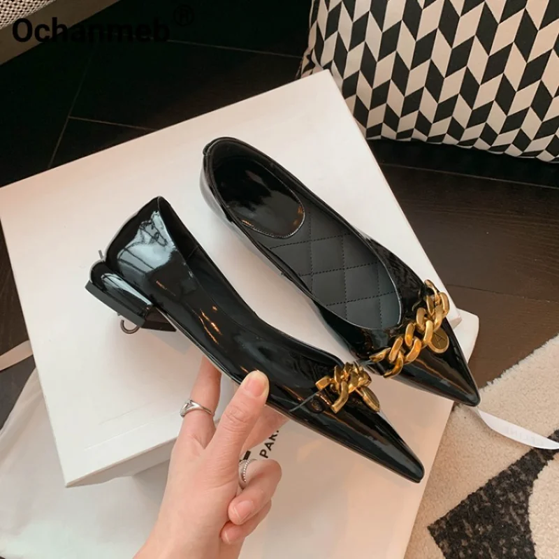 

Женские туфли-лодочки Ochanmeb, из натуральной кожи, с металлической цепочкой, на низком квадратном каблуке