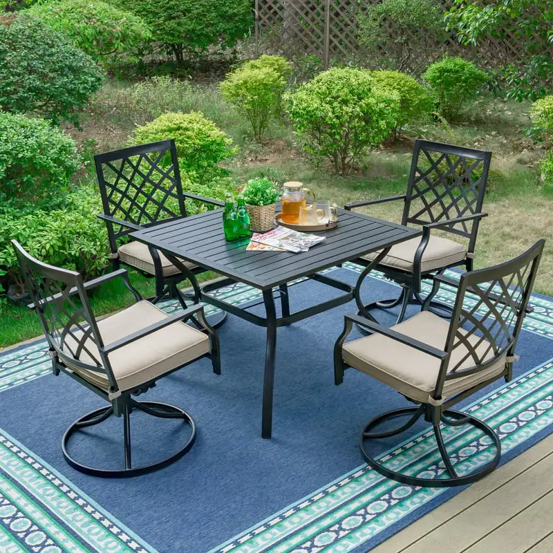 

Outdoor Patio Swivel Set Metal Dining with 4 Swivel Padded Chairs& 37" Table, Beige Cushion