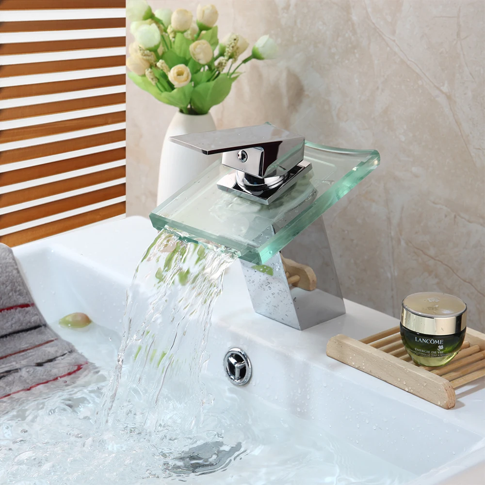 

YANKSMART Waterfall Basin Faucet Bathroom Polished Chrome Sink Faucet Single Handle Deck Mounted Washbasin Water Tap Sink Mixer