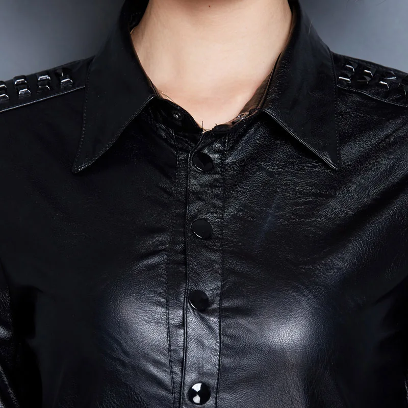 2022 Lapel Slim PU Leather Women's Long Sleeve Padded Bottoming Shirt with Velvet Skinny Lady Sexy black Leather Blouse Top