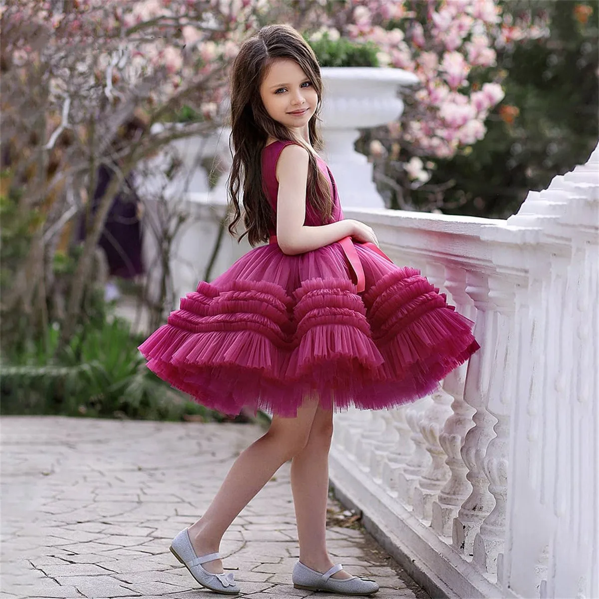 

Пушистое короткое плиссированное платье без рукавов с цветочным принтом для девочек свадебное милое детское платье с маленьким цветком для первого причастия праздничное бальное платье