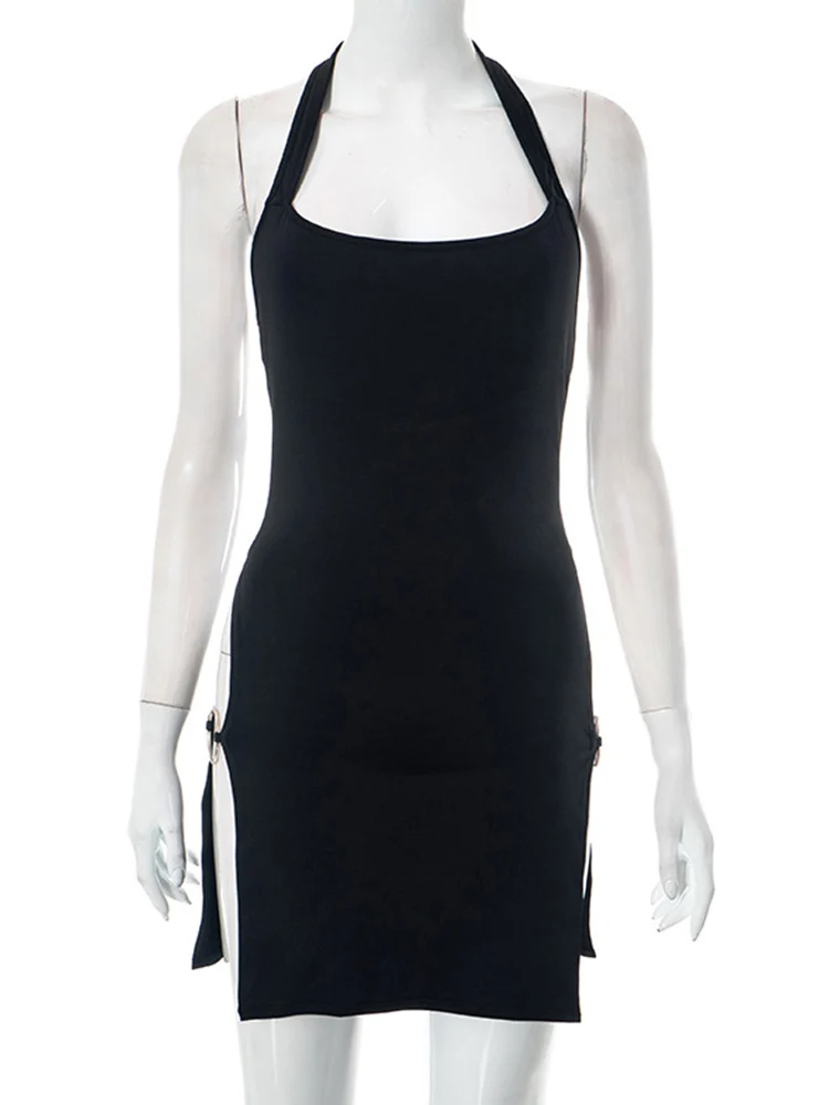 Однотонное мини-платье без рукавов с лямкой на шее и глубоким разрезом
