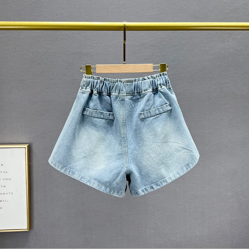 Denim Shorts Women's Fashionable 2023 Summer New Lace-up High Waist Loose And Slimming Ins Diamond-Embedded Wide-Leg Booty Pants