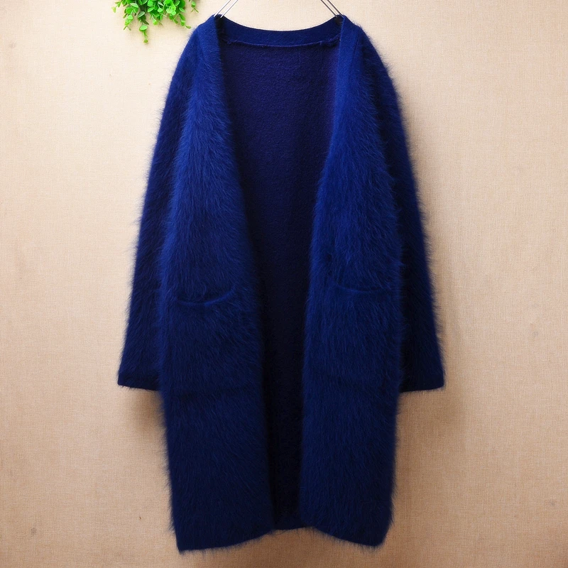 

Женская модная осенне-зимняя одежда из ангоры с кроличьим мехом, вязаный шерстяной длинный свитер, кардиган, пальто из ангоры