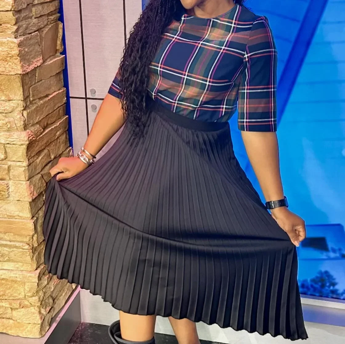 Европейская мода лидер продаж плиссированное платье размера в клетку