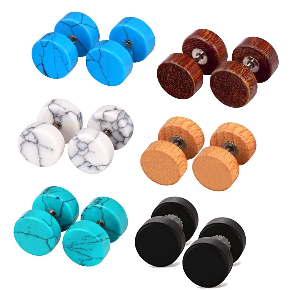 

1-6 Pairs Set Wood&Stone Fake Flesh Ear Tunnels Expander Plugs Stretcher Earrings Piercing Jewelry 16G 8MM 10MM 12MM
