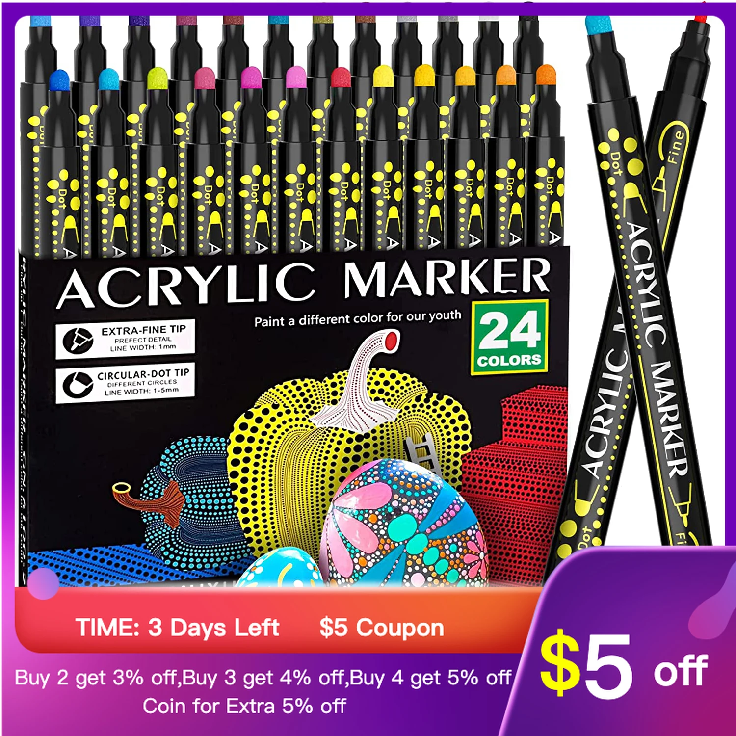 Metallic Marker Pens 36 Colors Acrylic Pens Brush Round Tip Pastel Pens for Adult Coloring Book Art Rock Painting Card Making