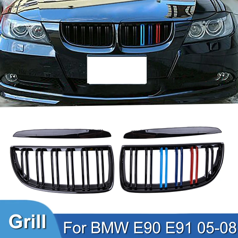 Pulleco For BMW E90 E91 M Grill Car Front Grille Kidney Double Slat Gloss Black 3 Series 323I 328I 335I 330I 325I 2005-2008 ABS