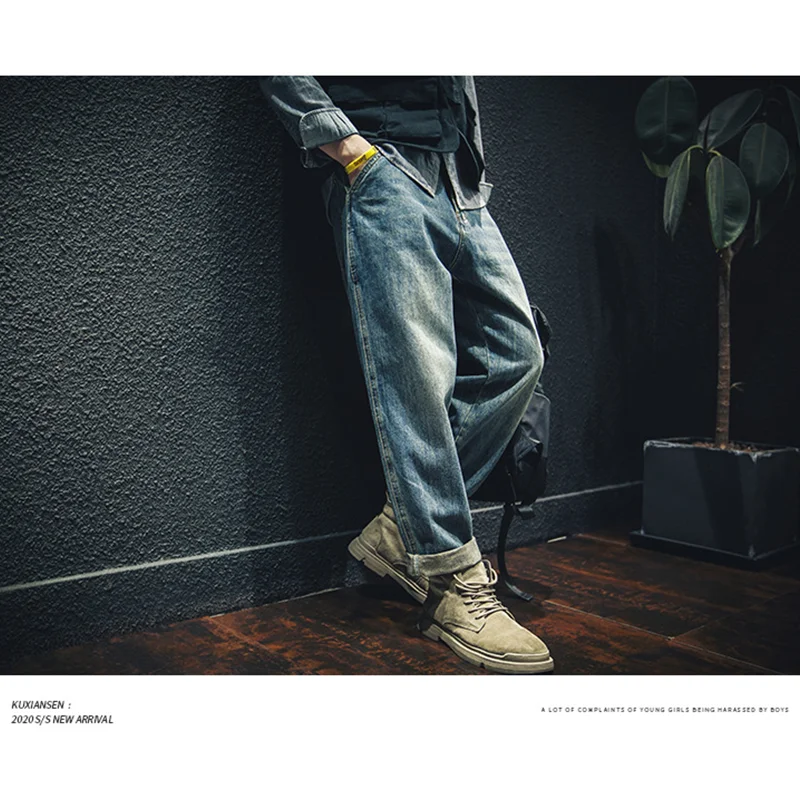 Men Clothing New Pattern Recreational Vintage Nostalgia Blue Jeans Comfortable Straight Cylinder Loose Haren Pants Autumn Female