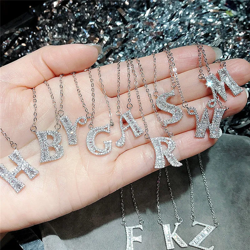 

New shiny Simulated Diamond necklace charms silver 925 original 26 letters Alphabet pendant lady women females jewelry Girl gift